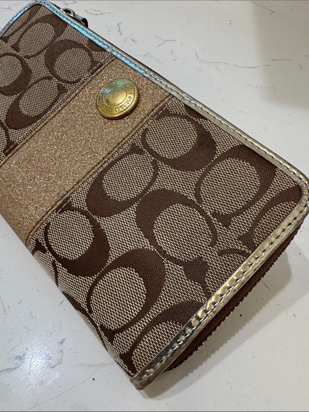 Coach Brown Monogram Wallet with Metallic Gold Trim - Picture 4 of 13